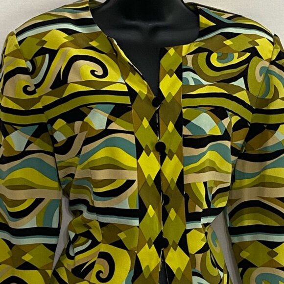 B-165 Maggy London Green Blue & Black 100% Silk Blazer Suit Jacket Size 10 - Picture 4 of 14